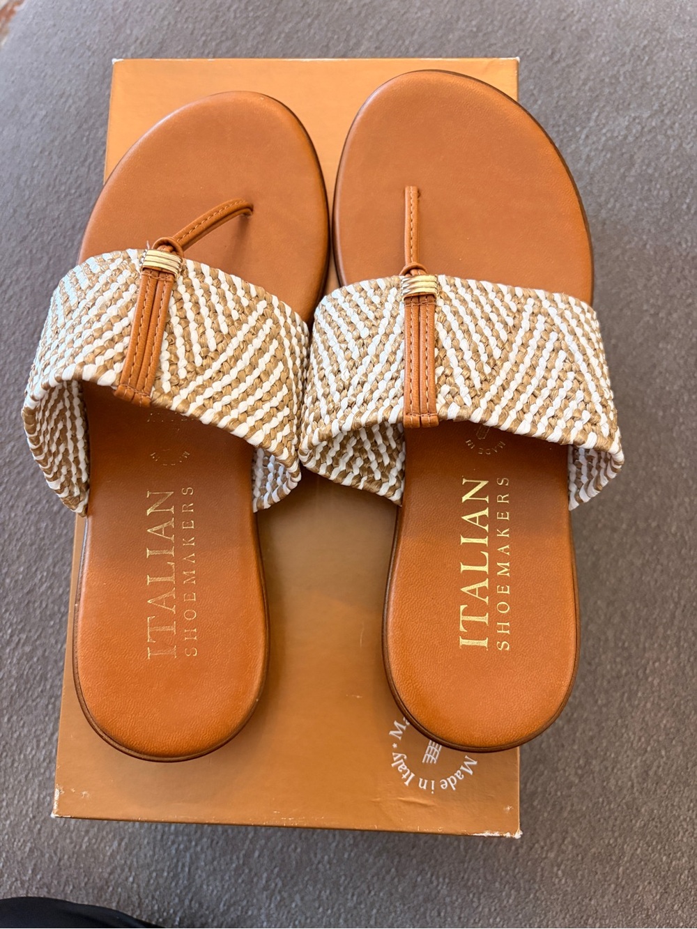Italian Shoemakers Tan and Natural Woven Toe-Loop Slide Sandals